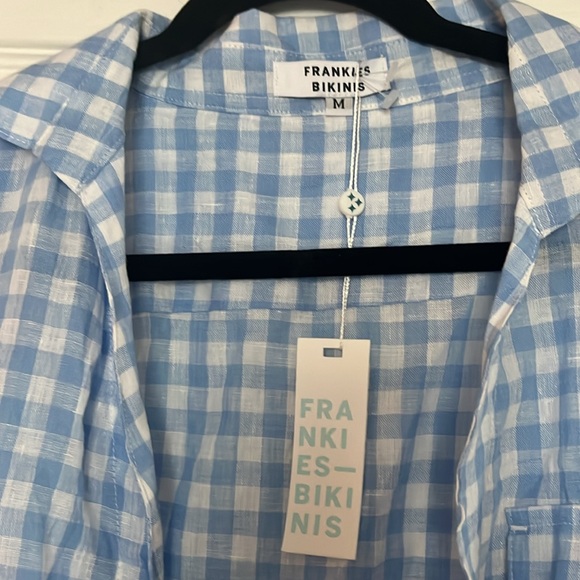 Frankies Bikinis Linen Lou Blue Plaid Button Up Top sz M - Picture 5 of 5